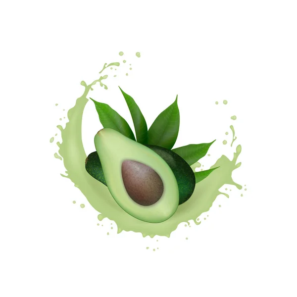 Realistische verse groene avocado fruitsap splash. Avocado halve — Stockvector