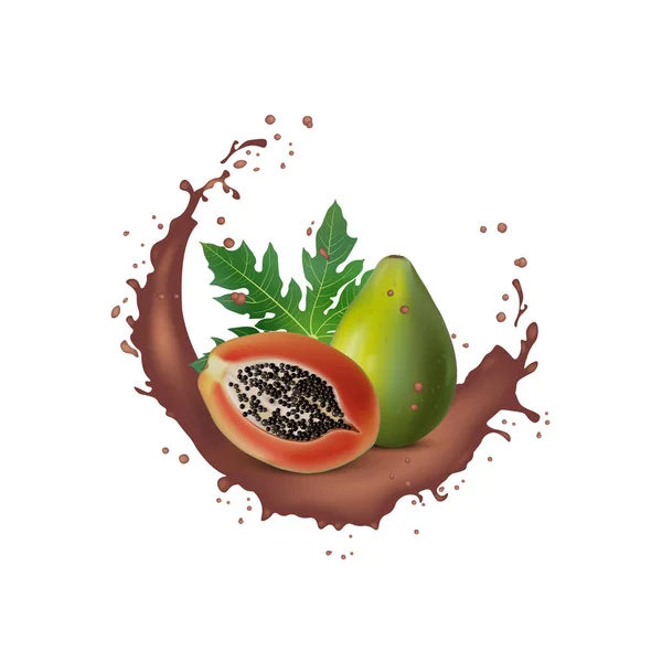 Verse 3D realistische Papaya plakjes met SAP melk yoghurt Chocolat — Stockvector