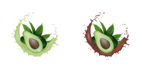 Realistische verse groene avocado fruitsap, chocolade set splash. — Stockvector