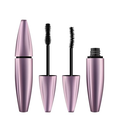 Bir maskara tüpü ve değnek aplikatörü. Kirpikli kozmetik şişe