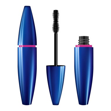 Bir maskara tüpü ve değnek aplikatörü. Kirpikli kozmetik şişe