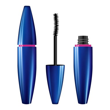 Bir maskara tüpü ve değnek aplikatörü. Kirpikli kozmetik şişe