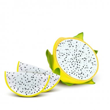 Kırmızı sarı ejderha meyve, bütün meyve ve yarısı. Tropikal meyveler f