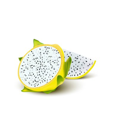 Kırmızı sarı ejderha meyve, bütün meyve ve yarısı. Tropikal meyveler f