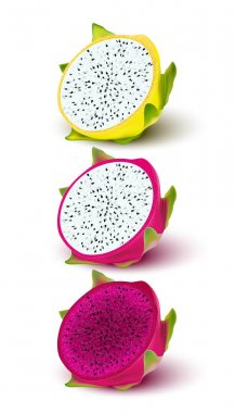 Kırmızı sarı ejderha meyve, bütün meyve ve yarısı. Tropikal meyveler f