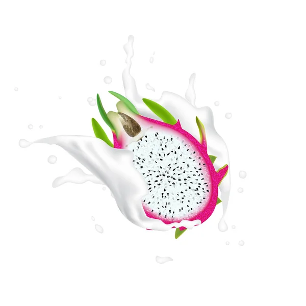 Red dragon fruit, whole fruit and half. Tropical fruits splashin — Stock Vector