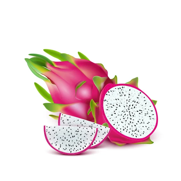 Fruta del dragón rojo, fruta entera y la mitad. Frutas tropicales para sanar — Vector de stock