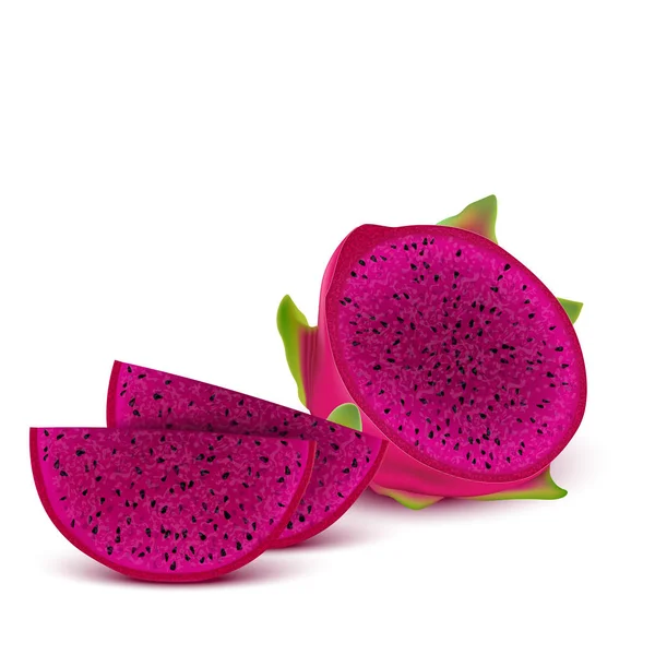 Fruta del dragón rojo, fruta entera y la mitad. Frutas tropicales para sanar — Vector de stock