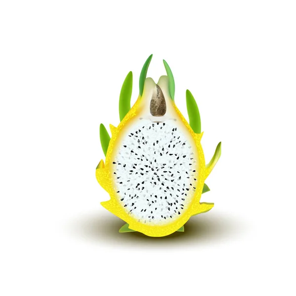 Fruta de dragón amarillo, fruta entera y la mitad. Frutas tropicales splas — Vector de stock