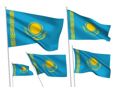 Kazakistan vektör bayrakları ayarlayın. 5 farklı dalgalı kumaş 3d bayrakları rüzgarda çırpınan. EPS 8 degrade kafesler beyaz arka plan üzerinde izole kullanarak oluşturdu. Beş tasarım öğeleri dünya Collection