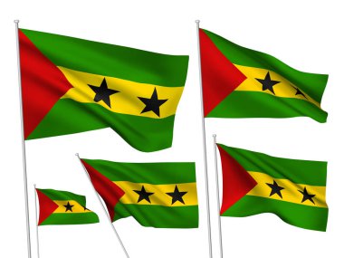 Sao Tome ve Principe vektör bayrakları ayarlayın. 5 dalgalı kumaş 3d bayrakları rüzgarda çırpınan. EPS 8 degrade kafesler beyaz arka plan üzerinde izole kullanarak oluşturdu. Beş tasarım öğeleri dünya Collection