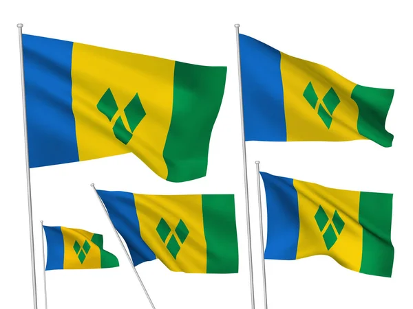 Saint Vincent Grenadines Vector Vlaggen Ingesteld Golvende Vlaggen Wapperen Wind — Stockvector