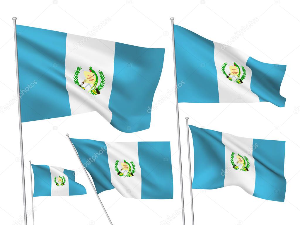 Guatemala vector flags set. 5 different wavy fabric 3D flags fluttering on the wind. EPS 8 created using gradient meshes isolated on white background. Five design elements from world collection