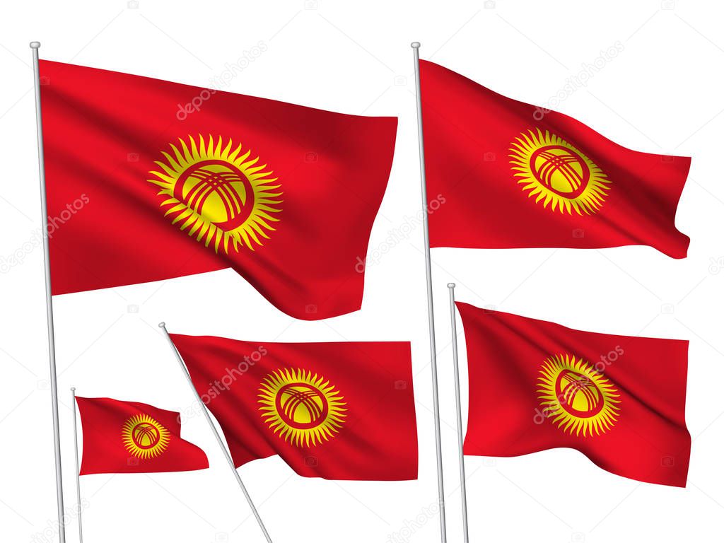 Kyrgyzstan vector flags set. 5 different wavy fabric 3D flags fluttering on the wind. EPS 8 created using gradient meshes isolated on white background. Five design elements from world collection