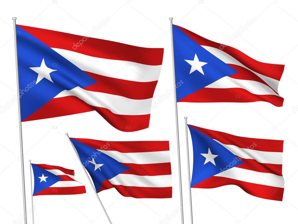 Puerto Rico vector flags set. 5 wavy 3D cloth pennants fluttering on the wind. EPS 8 created using gradient meshes isolated on white background. Five flagstaff design elements from world collection
