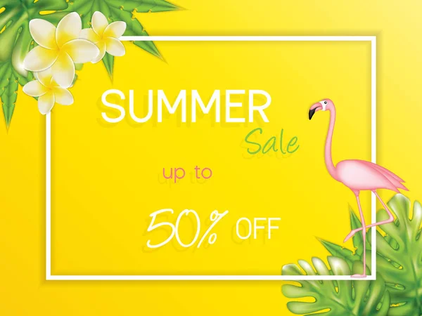 Summer Sales Vector Design Palm Leaves Flamingo Bird — Stock Vector