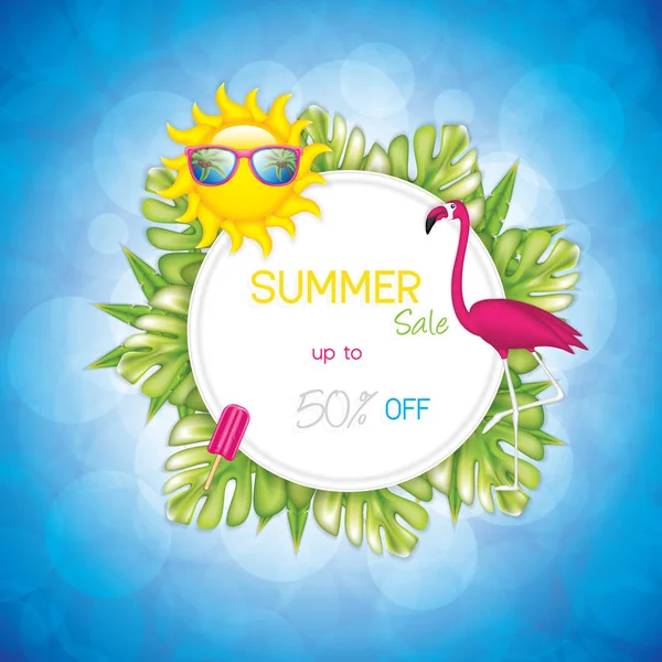 Summer Background Sunglasses Flamingo Sun Tropical Plants Ice Cream Realistic — Stock Vector