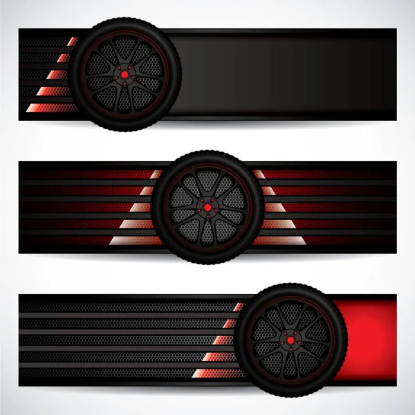 Neumáticos Caucho Negro Sobre Fondo Rojo Banners Ilustración Vectorial — Vector de stock
