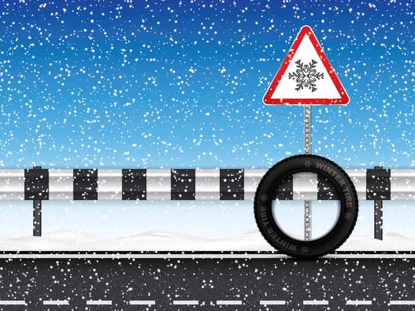 Vektor Illustration Winterreifen Und Dreieck Straßenschild Mit Schneeflocke — Stockvektor