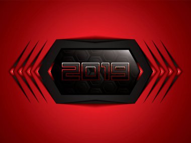 2019 metin kırmızı zemin üzerine siyah geometrik şekille soyut, illüstrasyon vektör