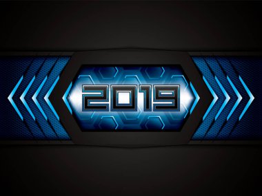 Mavi arka plan ile 2019 metin, vektör çizim