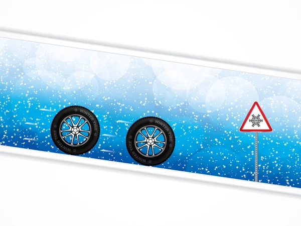 Ilustração Vetor Pneus Carro Inverno Triângulo Sinal Estrada Com Floco —  Vetores de Stock