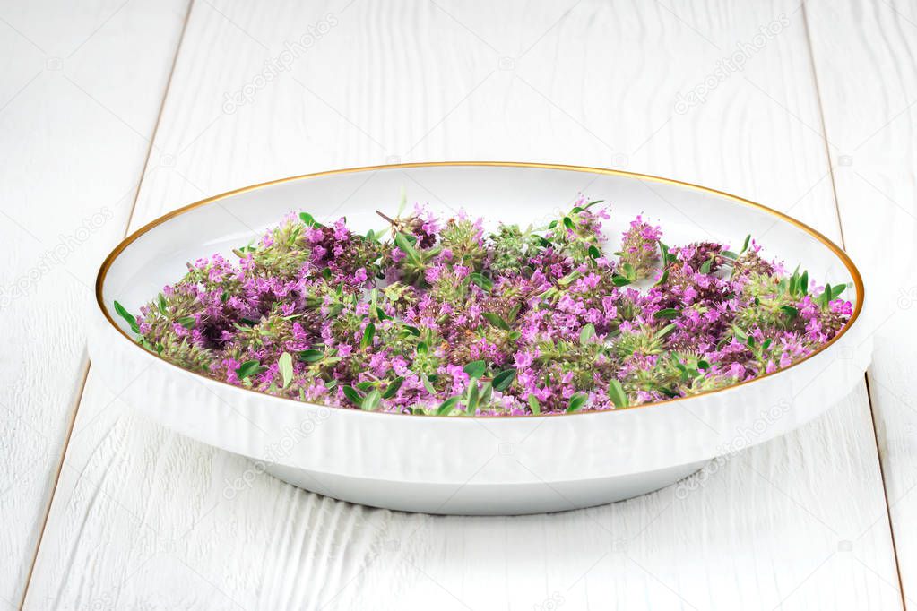 Thymus serpyllum herb in a bowl.Thyme is a medicinal herb for dissolving and easier secretion of mucus.Alternative medicine concept on a white wooden table (selective focus).