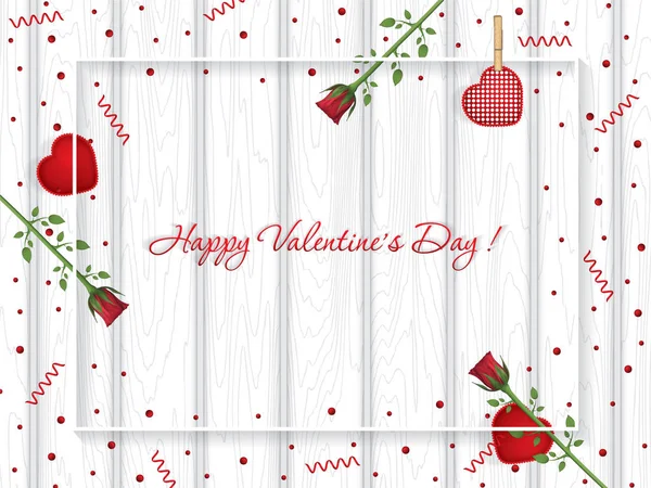 Valentinstag Grußkarte Mit Roten Rosen Auf Weißem Holzgrund Vektorillustration — Stockvektor