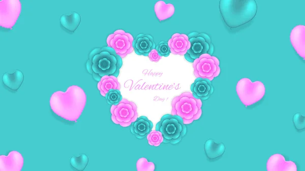 Valentines Day Achtergrond Met Decoratieve Roze Turquoise Bloemen Hartvormige Ballonnen — Stockvector