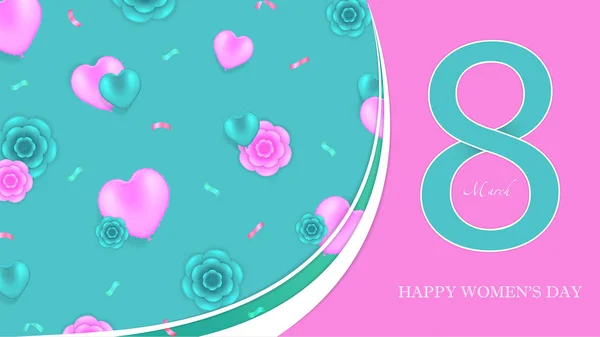 Marzo Fondo Del Día Mujer Con Hermosas Flores Globos Tarjeta — Vector de stock