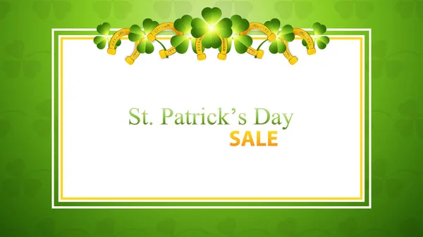 Patrick Day Background Green Shamrock Golden Horseshoes Greeting Card Vector — Stock Vector
