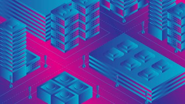 Modern binalar ile ultraviyole renklerde izometrik şehir vektör çizim