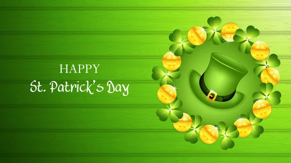 Patrick Day Frame Leprechaun Hat Golden Coins Greeting Card Vector — Stock Vector