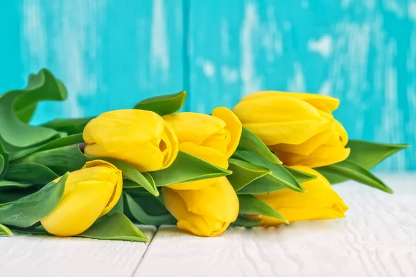 Yellow Tulips White Wooden Table Stock Photo