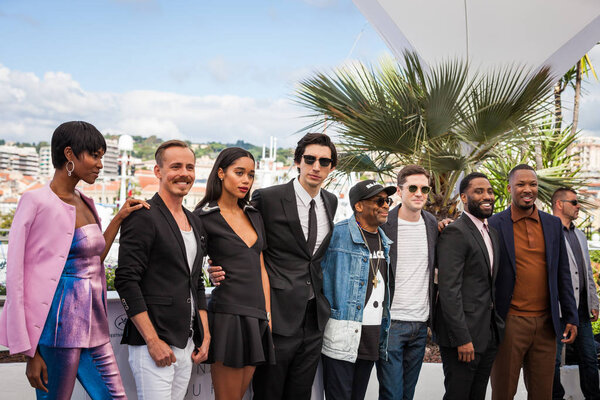 CANNES, FRANCE - MAY 15, 2018: Topher Grace, Laura Harrier, Adam Driver, director Spike Lee and John David Washington attend the photocall for the 'BlacKkKlansman' during the 71st annual Cannes Film Festival