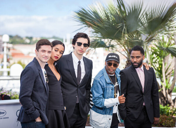 CANNES, FRANCE - MAY 15, 2018: Topher Grace, Laura Harrier, Adam Driver, director Spike Lee and John David Washington attend the photocall for the 'BlacKkKlansman' during the 71st annual Cannes Film Festival