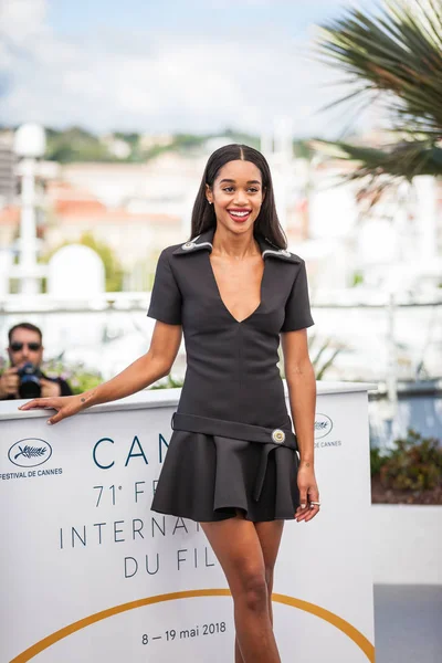 Cannes France Mai 2018 Laura Harrier Robe Noire Assiste Photocall — Photo