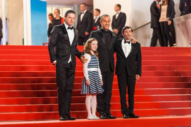 CANNES, FRANCE - MAY 16, 2018: Alida Baldari Calabria, Marcello Fonte, director Matteo Garrone and Edoardo Pesce attend the screening of 'Dogman' during the 71 Cannes Film Festival clipart