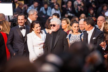 Cannes, Fransa - 17 Mayıs 2019: Leonardo Sbaraglia, Asier Etxeandia, Antonio Banderas, Penelope Cruz, Yönetmen Pedro Almodovar ve Nora Navas 72.