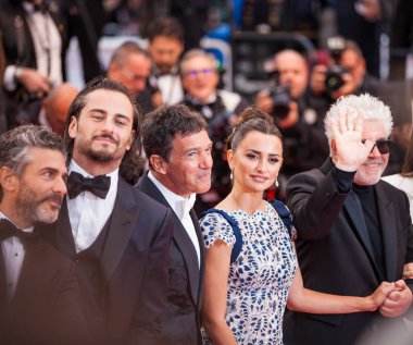 Cannes, Fransa - 17 Mayıs 2019: Leonardo Sbaraglia, Asier Etxeandia, Antonio Banderas, Penelope Cruz, Yönetmen Pedro Almodovar ve Nora Navas 72.