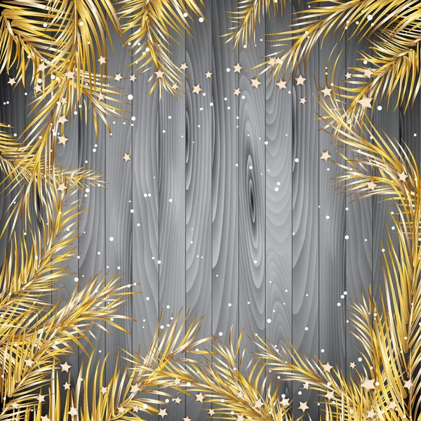 Fondo Navidad Con Ramas Abeto Dorado Sobre Una Textura Madera — Vector de stock