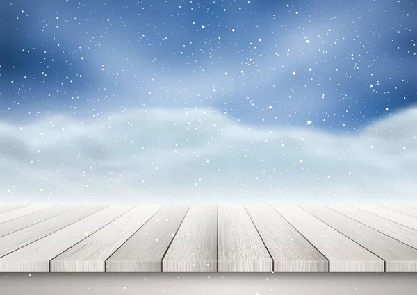 雪の風景を見ながら木製のテーブルのクリスマス背景 — ストックベクタ