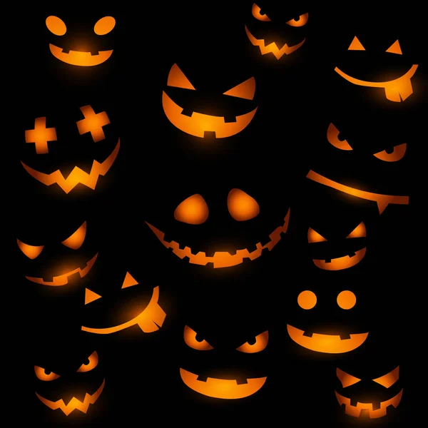 Twarze Tło Świecącymi Dynia Halloween — Wektor stockowy