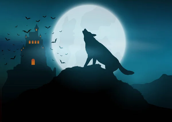 Halloween Achtergrond Met Silhouet Van Een Wolf Howling Maan — Stockvector