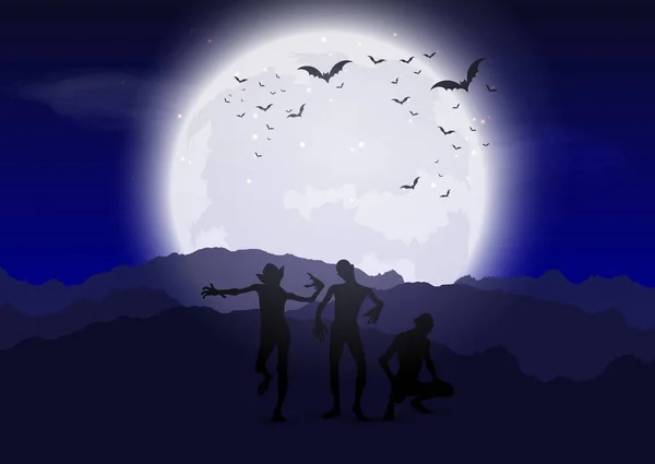 Cadılar Bayramı Arka Plan Işığının Aydınlattığı Gökyüzü Karşı Zombi — Stok Vektör