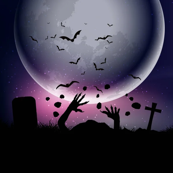 Fondo Halloween Con Manos Zombi Saliendo Del Suelo Contra Cielo — Vector de stock