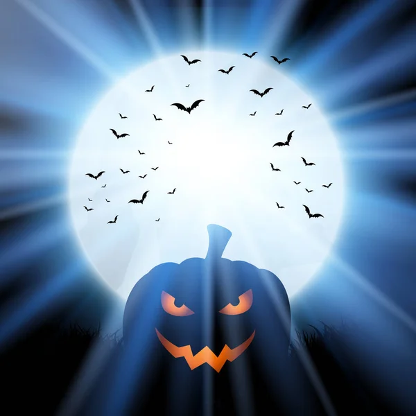 Spooky Halloween Pumpkin Moon Landscape Bats — Stock Vector