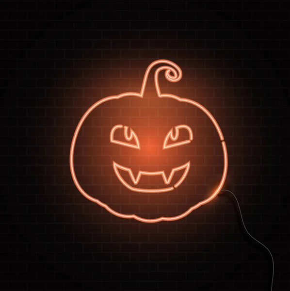 Sinal Abóbora Halloween Neon Brilhante Uma Textura Parede Tijolo — Vetor de Stock