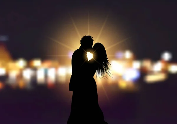Silhouette Loving Couple Bokeh Lights Background — Stock Vector