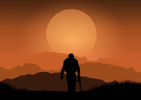 Silhouette Soldat Contre Paysage Coucher Soleil — Image vectorielle